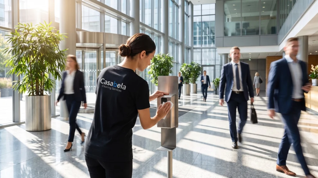 Casabela day porter wiping down a sanitizer station in a busy office lobby