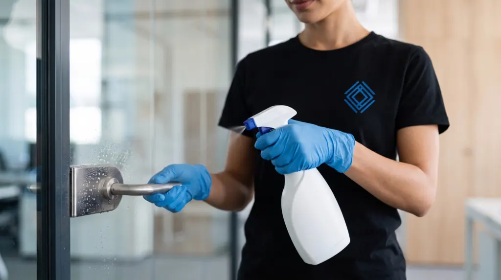 Gloved Casabela cleaner spraying disinfectant on an office door handle