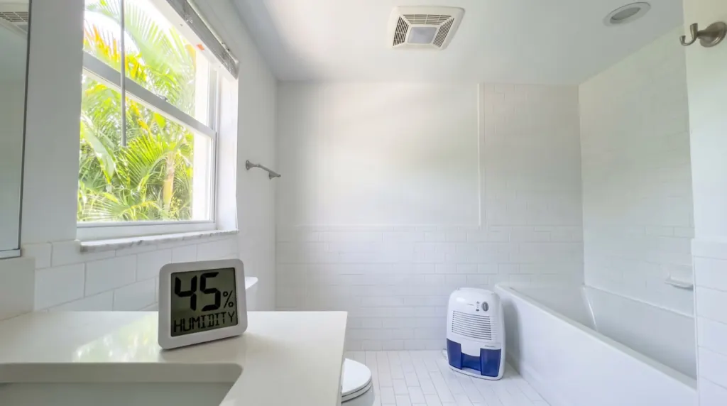Bright bathroom with an exhaust fan, a small dehumidifier and a hygrometer reading 45 percent