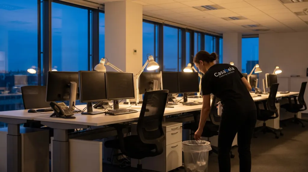 Casabela cleaner replacing a trash liner in an open-plan office in the evening