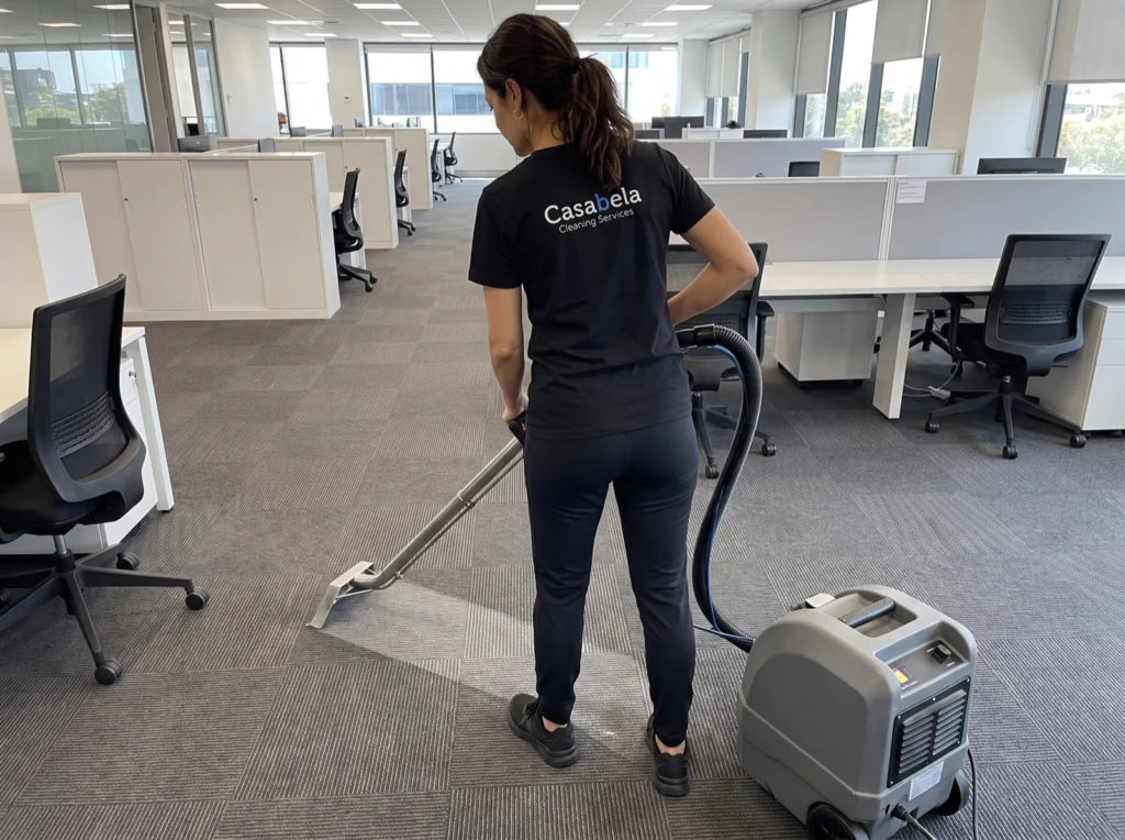 Casabela cleaner using a carpet extraction wand on office carpet