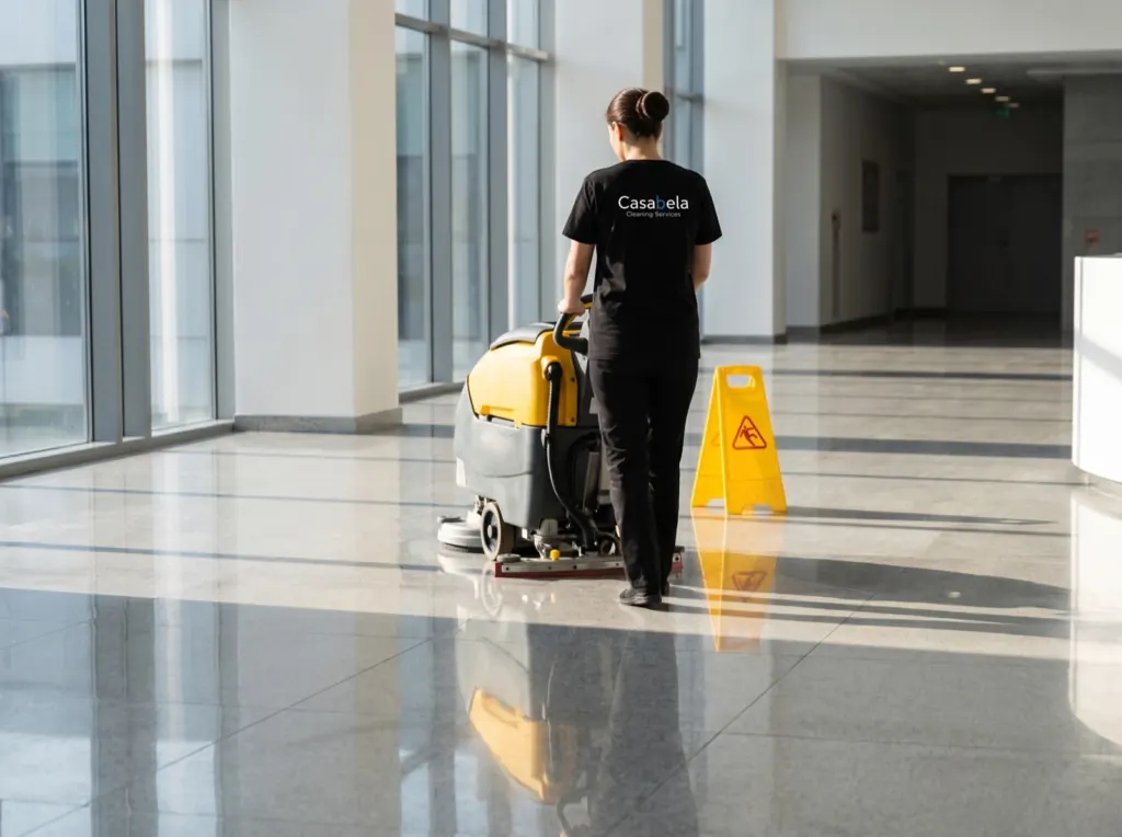 Casabela cleaner running a floor scrubber in an office lobby next to a wet-floor sign