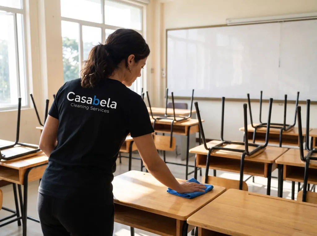 Casabela cleaner wiping student desks in an empty classroom