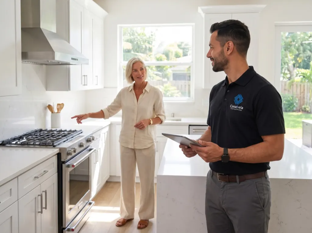 Casabela representative in a logo polo taking notes on a tablet during an in-home walkthrough