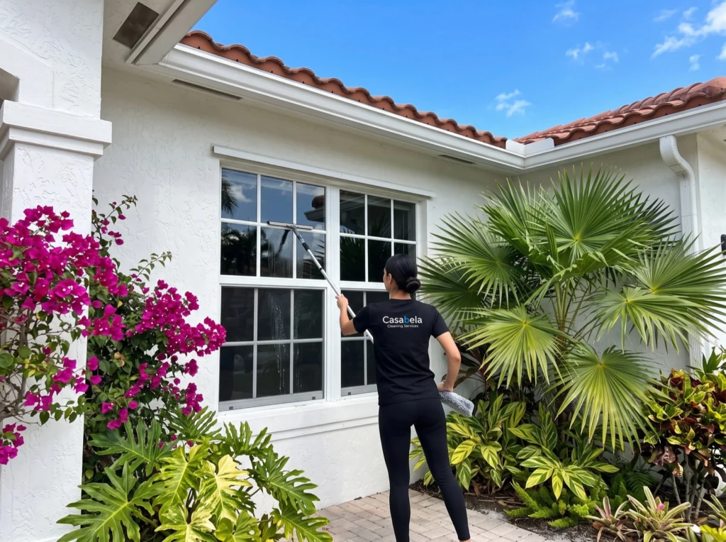 Casabela cleaner washing the exterior of a home's window with a squeegee pole